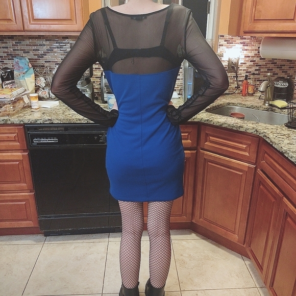 Colbat Blue Bodycon Mini With Black Mesh Long Sleeves - Picture 2 of 2
